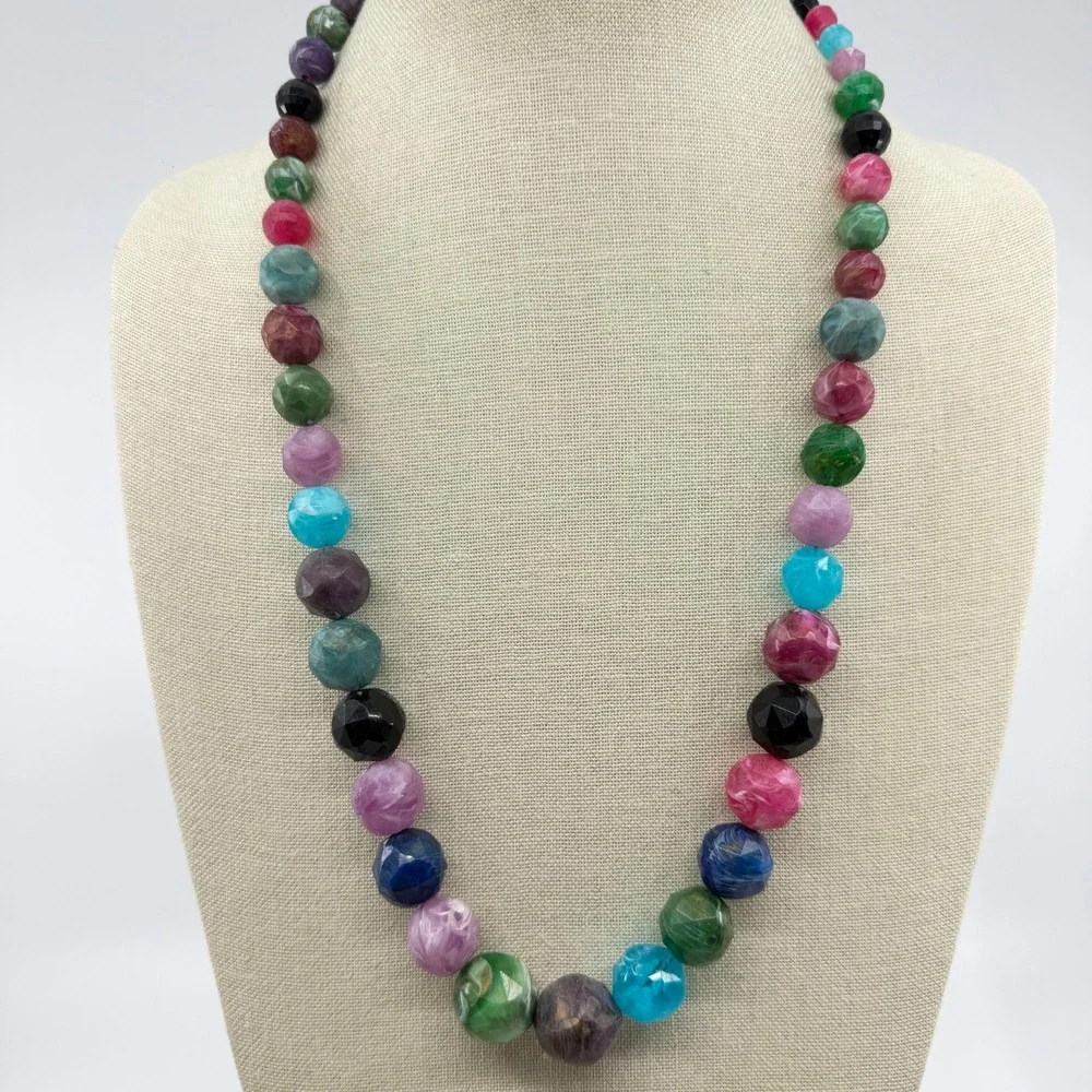 Multicolor Faceted Marbled Bead Long Necklace Chunky Boho Statement Jewelry